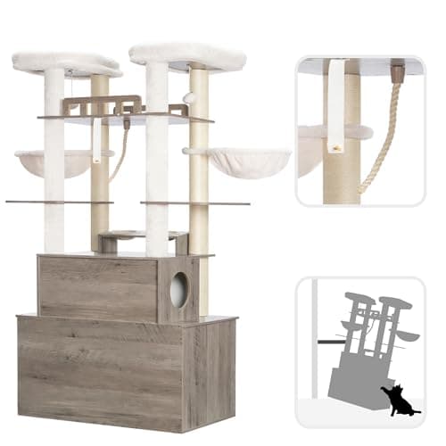 Heybly All-in-One Cat Condo with Litter Box Enclosure, Scratching Posts, and Large Platform for Big Cats - Rustic Gray HCT112SG