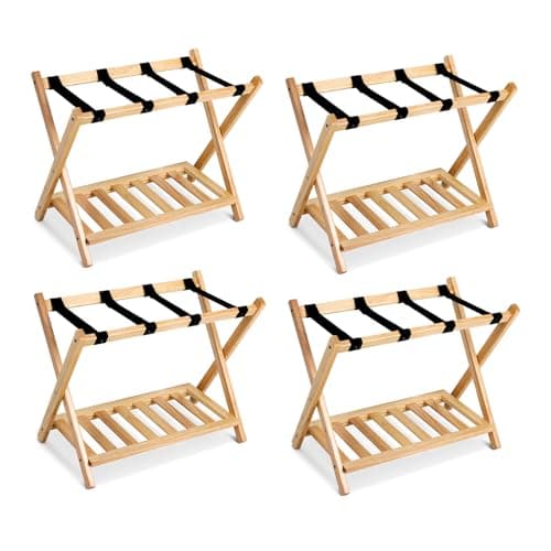 Babion 2-Tier Foldable Luggage Rack with Shelf,Heavy Duty Nylon Belts, 4 Pack