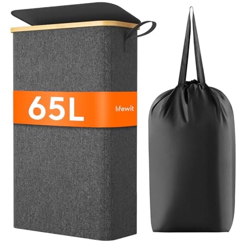 Lifewit 65L Slim Laundry Hamper with Lid & Bamboo Handles, Dark Gray