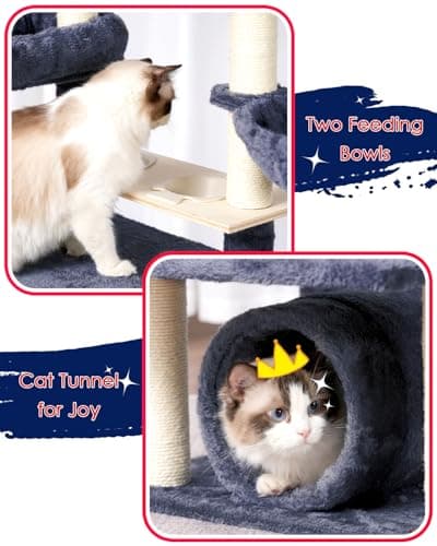 Smoky Gray 64" Tall Cat Tree with Tower, Condo, Food Station, Scratching Post & Hammock GCT021G