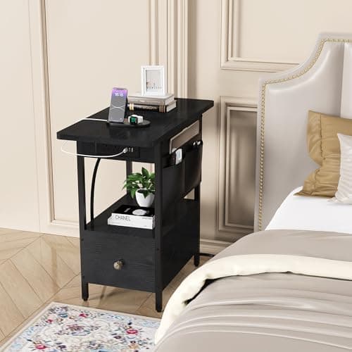 Narrow Nightstand with Storage & Charging for Small Spaces