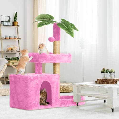 31.5" Pink Cat Tree with Leaf Design & Scratching Posts