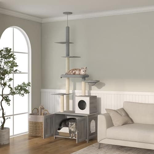 PawHut 2-in-1 Cat Tree & Litter Box Enclosure, Gray