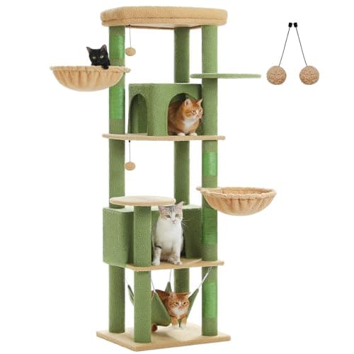 Large Multi-Level Pink Cat Tree for Indoor Cats with 3 Hammocks & 2 Condos — Green