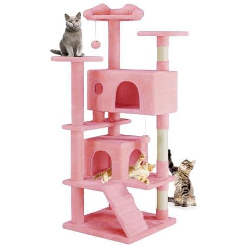 DUMOS 54-inch Multi-Level Indoor Cat Tree with Condos & Scratch Posts – Dark Grey — Pink