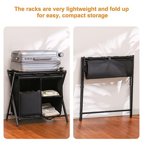 Folding Steel Luggage Rack Set with Storage Shelf, Pack of 2, Black