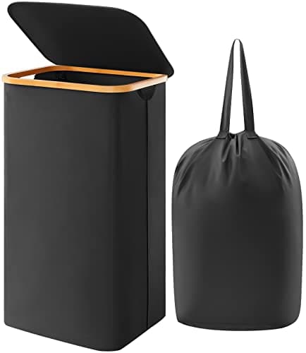 Lifewit Large Foldable Black Laundry Basket with Lid, Bamboo Handles
