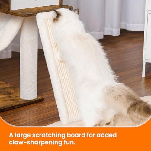 Hebly Wood Cat Tree for Large Cats with Groomer, Scratcher, Hammock & Ball, Rustic Brown