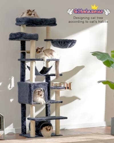 Smoky Gray 64" Tall Cat Tree with Tower, Condo, Food Station, Scratching Post & Hammock GCT021G