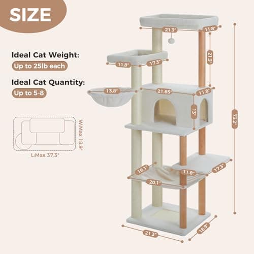 PAWZ Road Large Cat Tree, 73" Tall with 2 Hammocks & 2 Top Beds