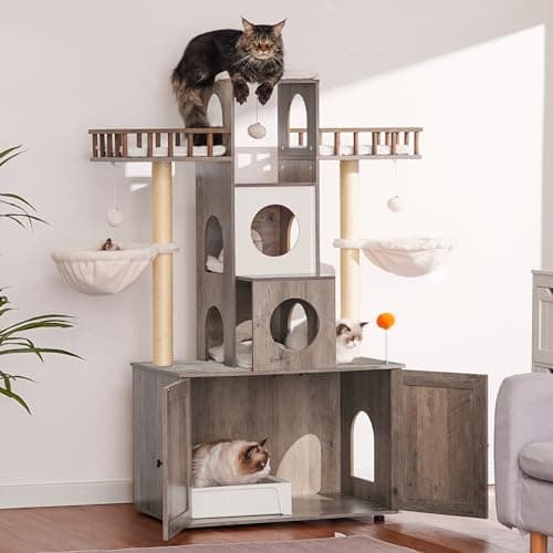 Heybly Cat Tree with Litter Box for Large Cats, Heavy Duty Indoor Cat Condo with Scratching Posts, Rustic Gray HCT110SG