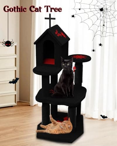Gothic 55-Inch Cat Tower for Large Indoor Cats with Dual Condos and Scratching Board - Black