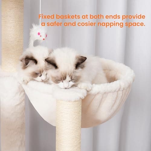 Modern Walnut Cat Tree with Self Groomer, Basket, Hammock, and Dangling Ball for Large Indoor Cats