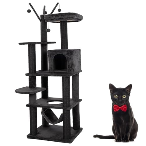 Gothic Black Cat Tower with Sisal Posts & Comfort Basket — 73.6 " H