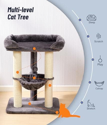 Happi N Pets 28" Tall Cat Tree Tower for Maine Coon, Sisal Scratcher & Soft Perch-Gray