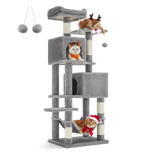 Feandrea 61-Inch Cat Tree for Indoor Cats - Plush Multi-Level Condo with 5 Scratching Posts, 2 Perches, 2 Caves, and Hammock in Light Gray