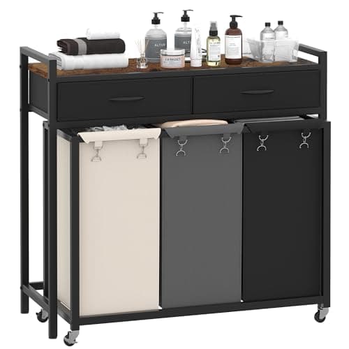 Heybly 126L Laundry Sorter with Rolling Bags and Storage Drawers - Rustic Brown