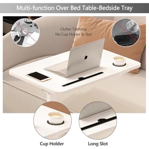 White Adjustable Overbed Table with Hidden Wheels & Cup Holder