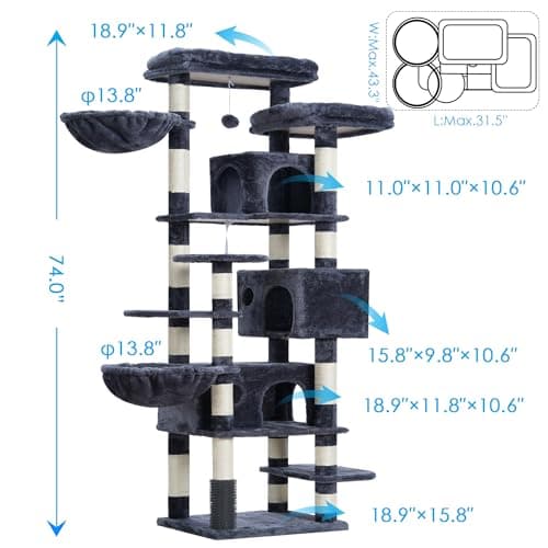 Smoky Gray Hey-brother 74" Multi-Level Cat Tree with 3 Condos & 2 Decks for Indoor Cats MPJ035