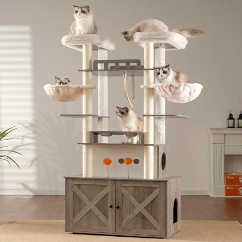 Heybly All-in-One Cat Condo with Litter Box Enclosure, Scratching Posts, and Large Platform for Big Cats - Rustic Gray HCT112SG