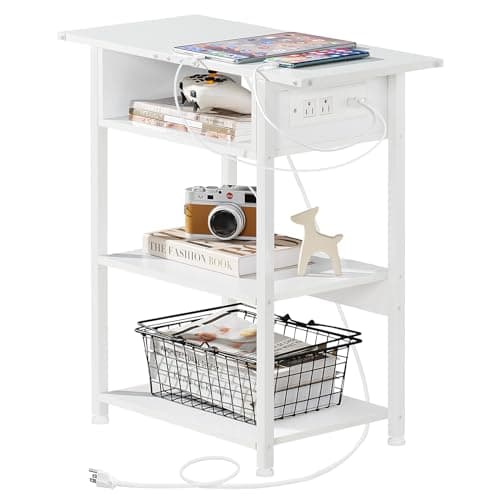 Lerliuo Narrow Side Table with Charging Station, Brown Nightstand for Small Spaces — White