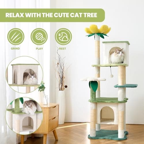 HYABI 64.5-Inch Tall Avocado Flower Cat Tree Tower with Scratching Posts & Plush Ball