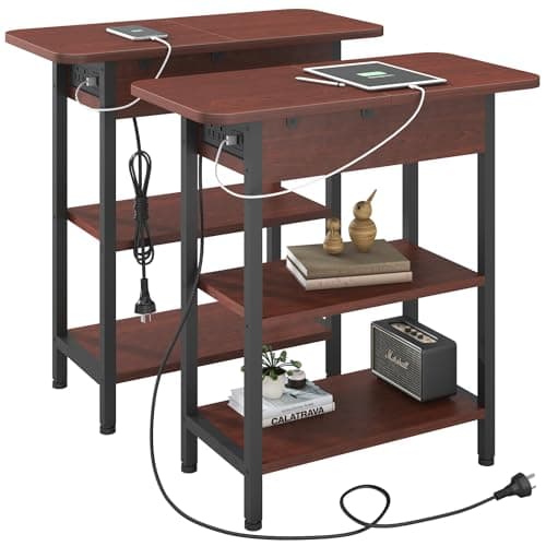 LIDYUK Flip Top Side Table with USB Ports & Outlets, White — Cherry