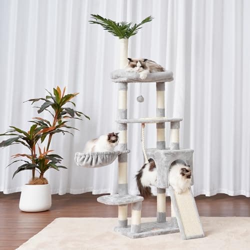 Modern Cat Tree with Leaves Perches and Feeding Bowl