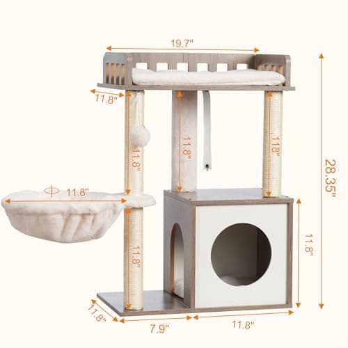 Heybly Modern Wooden Cat Tree with 3 Scratching Posts & Rustic Gray Condo HCT007SSG