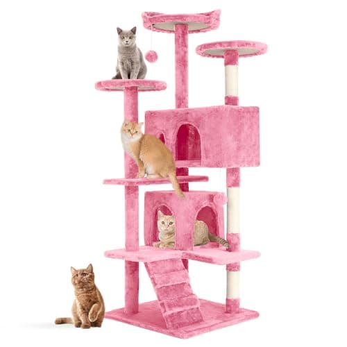 Indoor Cat Tree 53 Inches with Dangling Ball & Funny Toys, Dark Gray — PINK