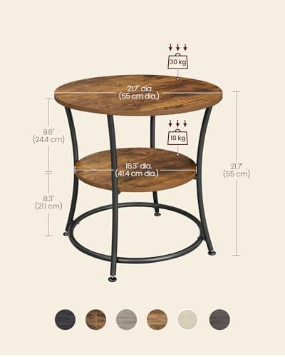 VASAGLE Round End Table with 2 Shelves for Living Room, Bedroom & Nightstand, Rustic Brown & Ink Black
