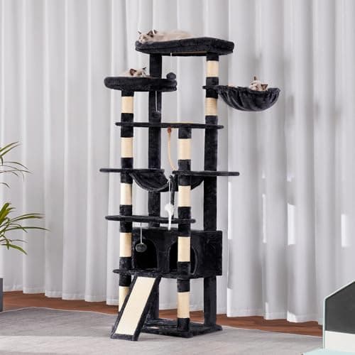 Heybly 78-Inch Multi-Level Cat Tree for Indoor Cats with Plush Perches, Scratching Board, and Caves - Smoky Gray