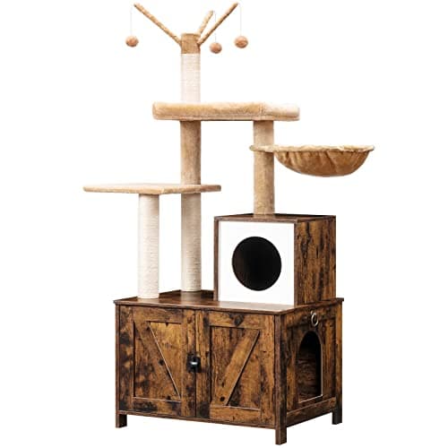 HOOBRO White Cat Tree Tower with Litter Box Enclosure WT15MZ03 — Rustic Brown