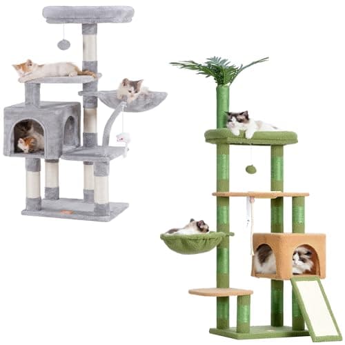 Heybly Cat Tree with Leaves Perches, Basket, Feeding Bowl