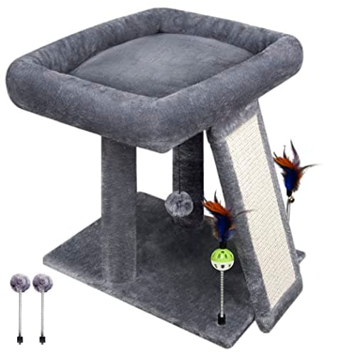TWDEPART Grey Cat Tree Tower with Scratching Post and Playful Toy Balls