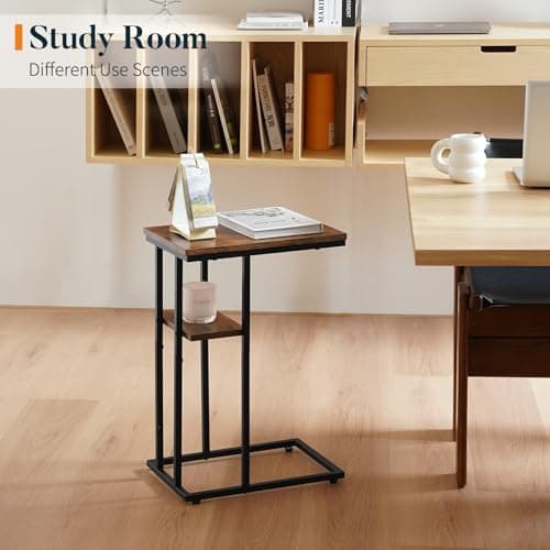 YooBure C-Shaped End Table, Rustic Snack Table for Living Room and Bedroom