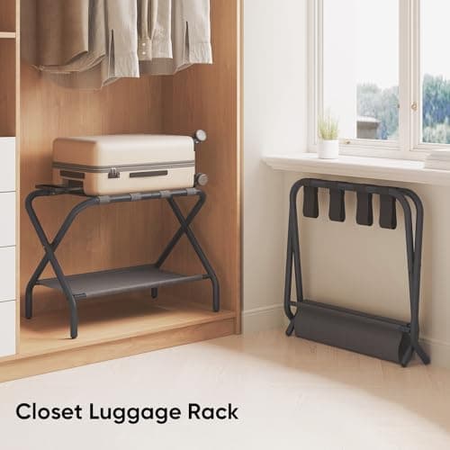 Pack of 2 Folding Luggage Racks with Shoe Shelf - Steel Stand for Guest Room, Hotel, Airbnb - Black