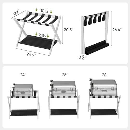 Folding Luggage Rack, White Bamboo Suitcase Stand with Storage Shelf, 2 Pack, Holds up to 131 lb