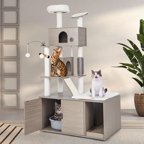 Tangkula Cat Tree with Litter Box, 2 Condos, Scratching Posts & Dangling Balls