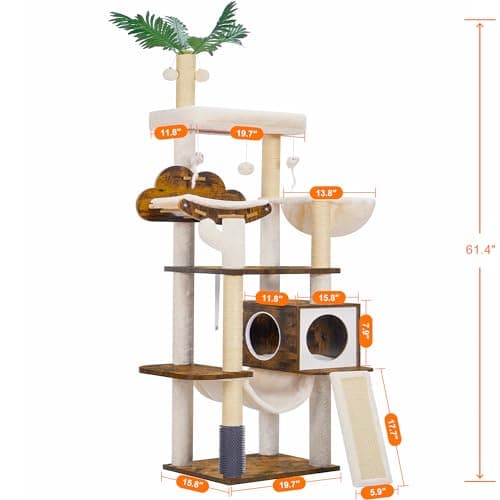 Hebly Wood Cat Tree for Large Cats with Groomer, Scratcher, Hammock & Ball, Rustic Brown