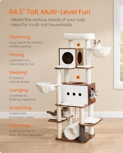 Feandrea 64.5-Inch Modern Cat Tree with 2 Caves, 2 Hammocks & 4 Scratching Posts RB UPCT167K01
