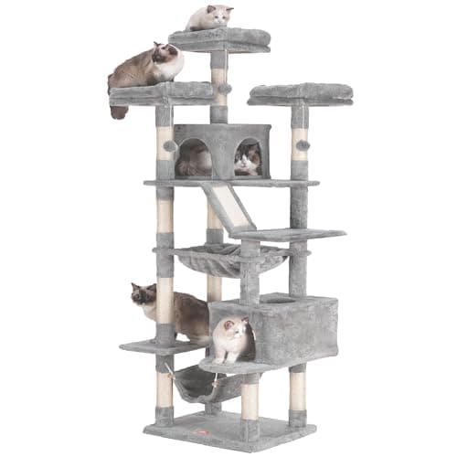 Heybly 73" Tall Smoky Gray Cat Tree for Large Cats, Heavy Duty Condo with Padded Perch and Scratching Posts — Light Gray