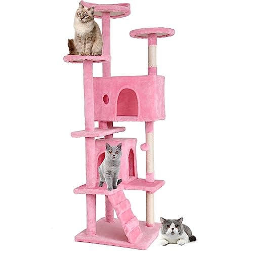 BestPet 70in Cat Tree Tower with Scratching Posts & Toys, Multi-Level Activity Center,Light Gray — Pink