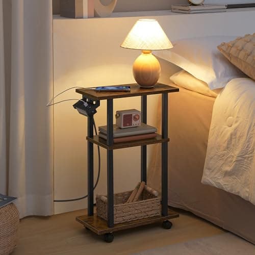 HOOBRO Small Narrow Side Table with Charging Station, Sofa Beside Table on Wheels for Living Room