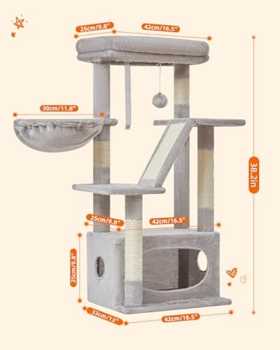 Taoqimiao Light Gray 38.2-Inch Cat Tree with Adjustable Baskets & Lux Perch MS029SW