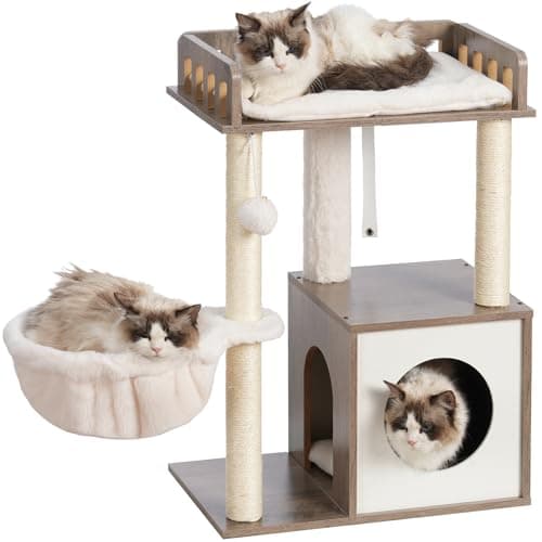 Heybly Modern Wooden Cat Tree with 3 Scratching Posts & Rustic Gray Condo HCT007SSG
