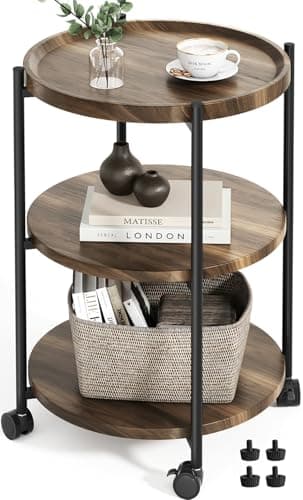 Modern 3-Tier Side Table with Wheels, Black, for Living Room or Bedroom — Walnut