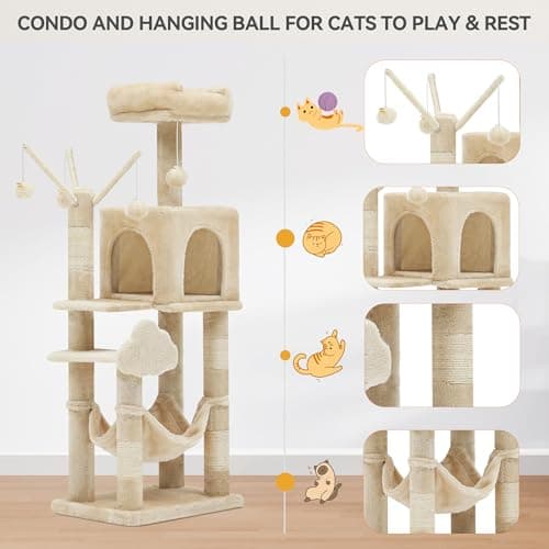 YITAHOME Beige 44in Multi-Level Indoor Cat Tree with Scratch Posts & Hammock