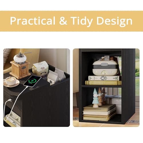 LIKIMIO Narrow Side Table with Flip Top Storage & Charging Station, Vintage Black