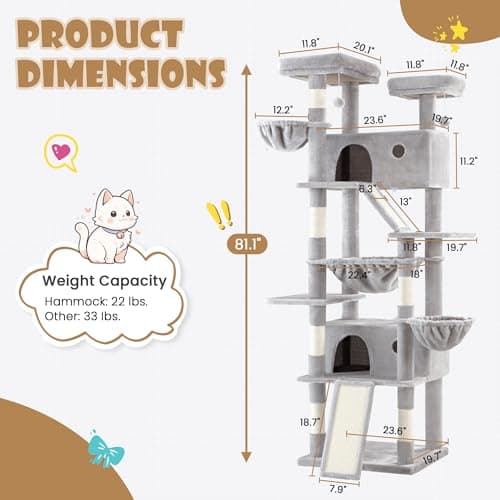 SHA CERLIN 81in Multi-Level Cat Tree Tower with Hammock & Sisal Posts, Grey